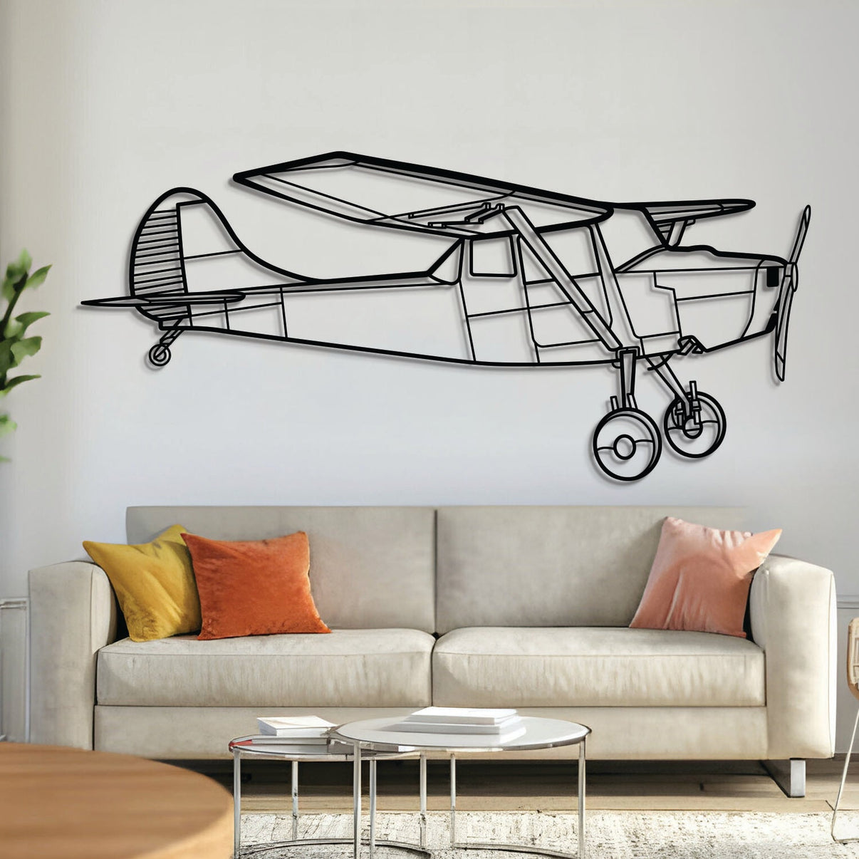 O-1 Bird Dog metal aircraft wall art in 2 mm laser-cut steel with matte powder-coated textured finish and 3D elevation screws