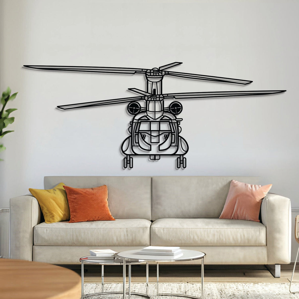 CH-47D/F Chinook helicopter front view metal wall art, laser-cut steel aviation decor