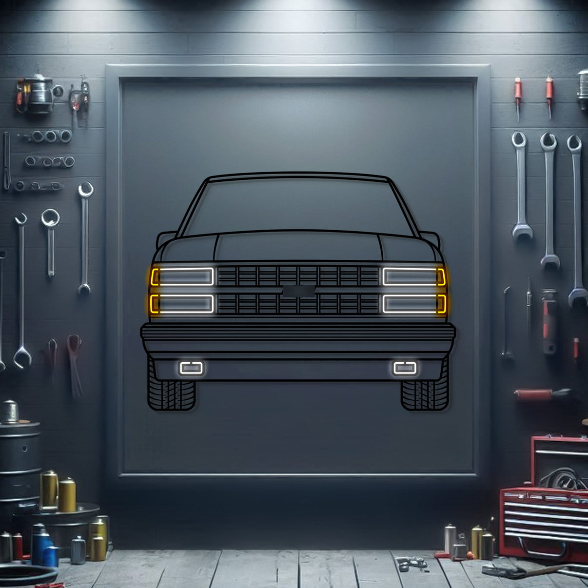 1989 454 SS front view neon-lit metal wall art