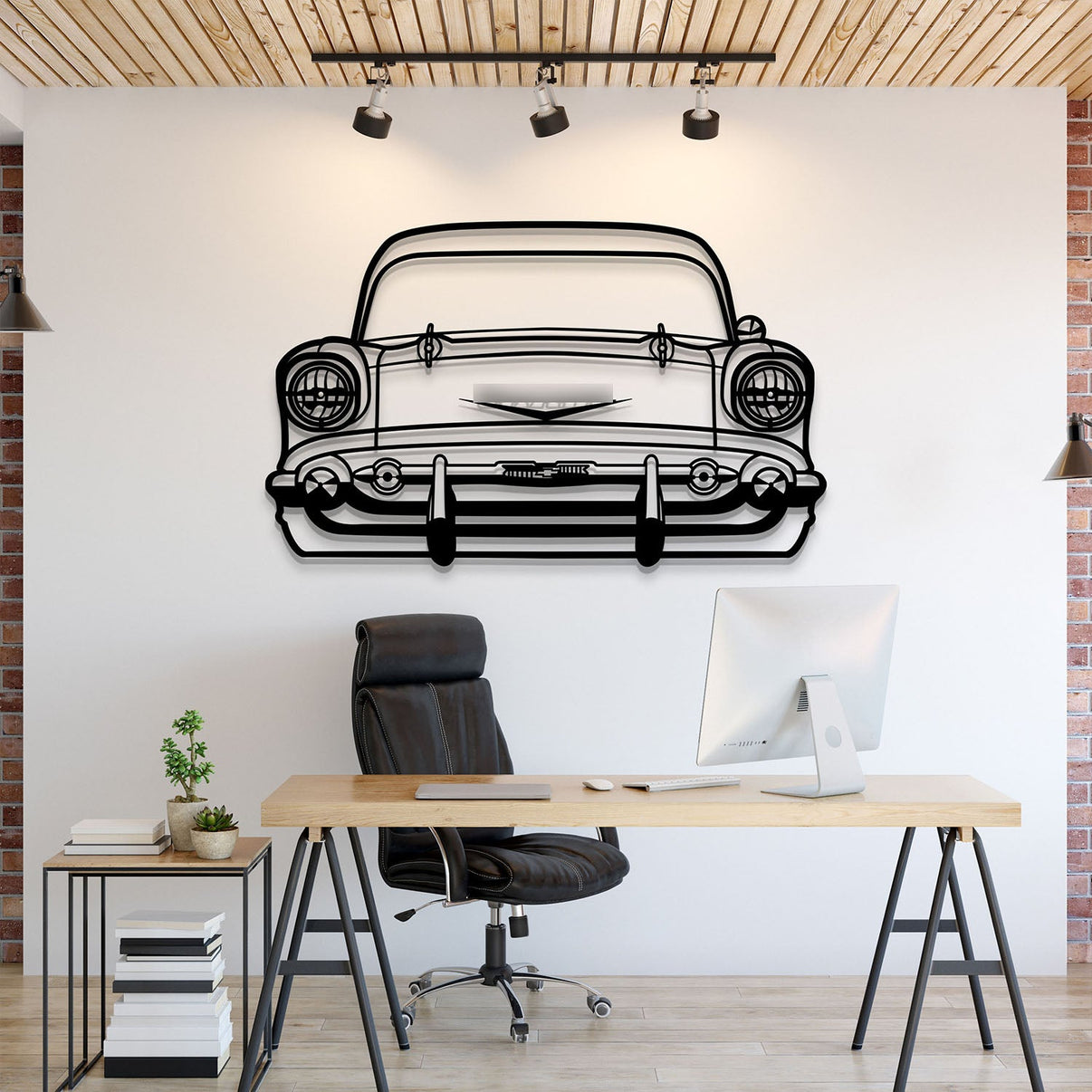 1957 Chevrolet Bel Air front view metal wall art – laser-cut steel silhouette with matte powder-coated finish