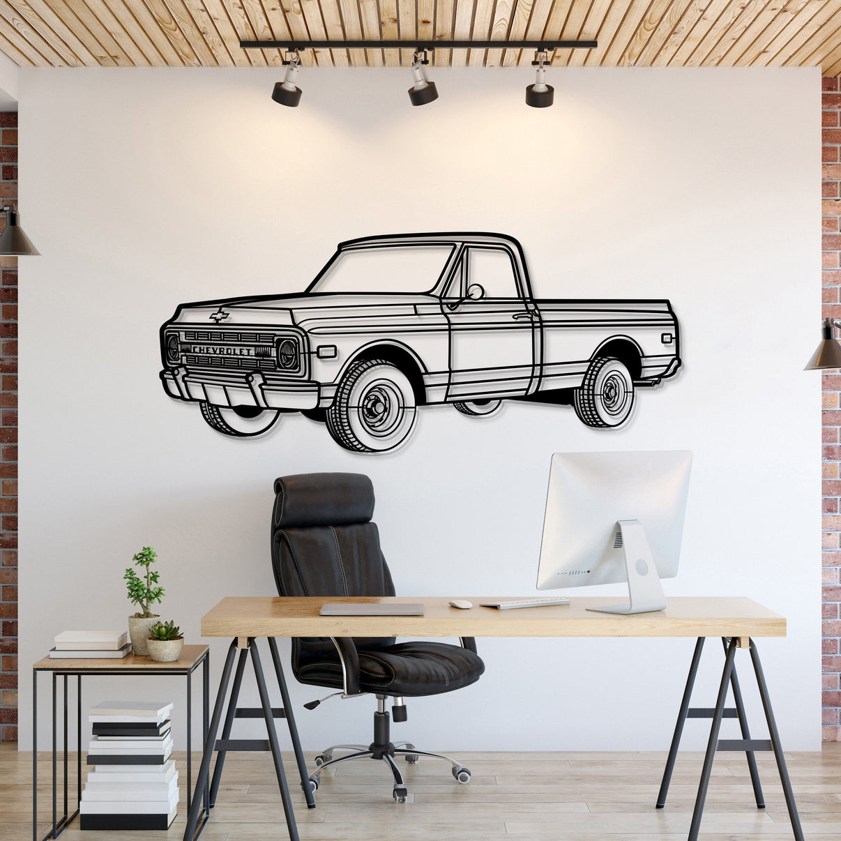 Chevrolet C10 (1968) perspective metal wall art – laser‑cut 2 mm textured steel with matte powder‑coat finish