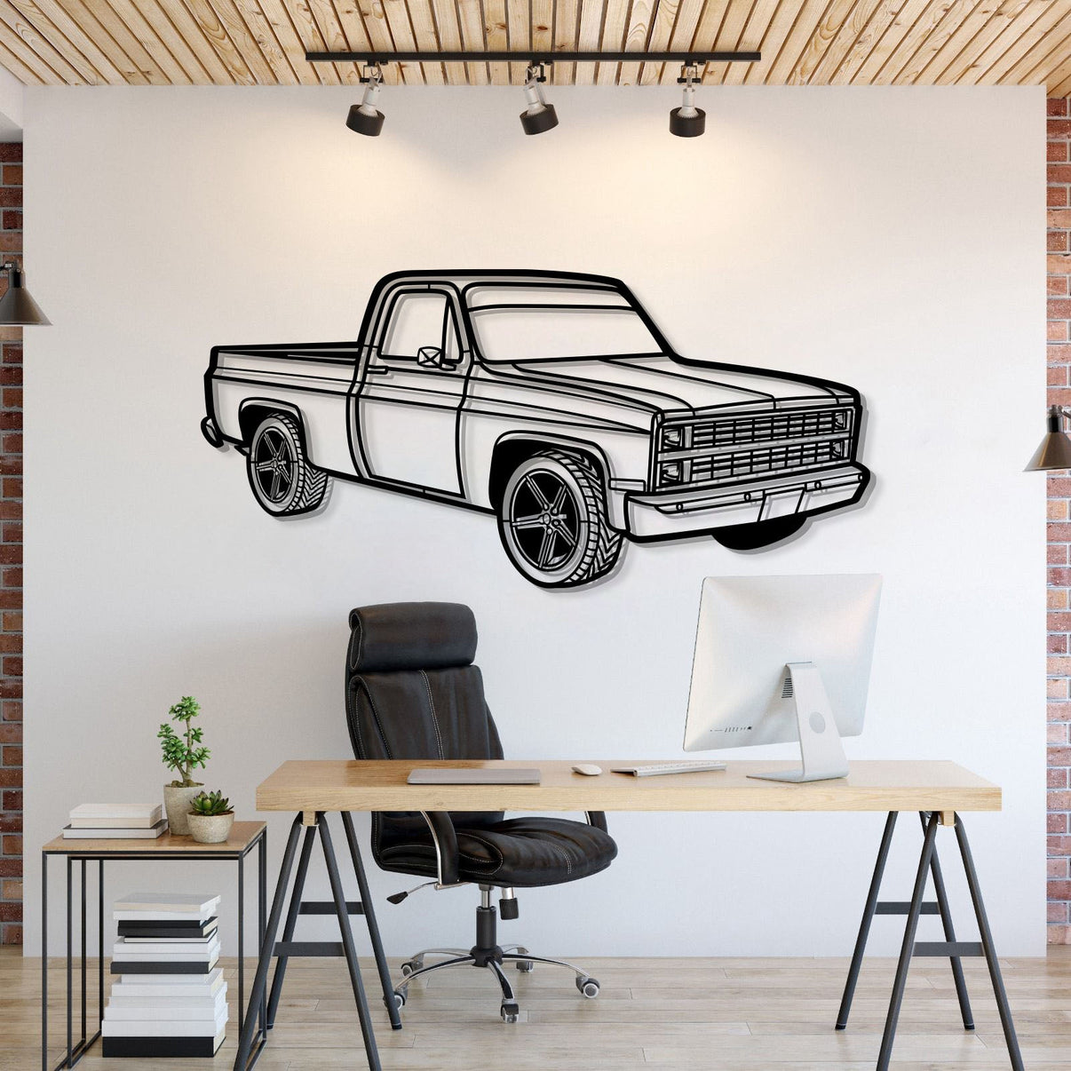 Chevrolet C10 (1984) perspective metal wall art – laser-cut 2 mm textured steel with matte powder-coat finish