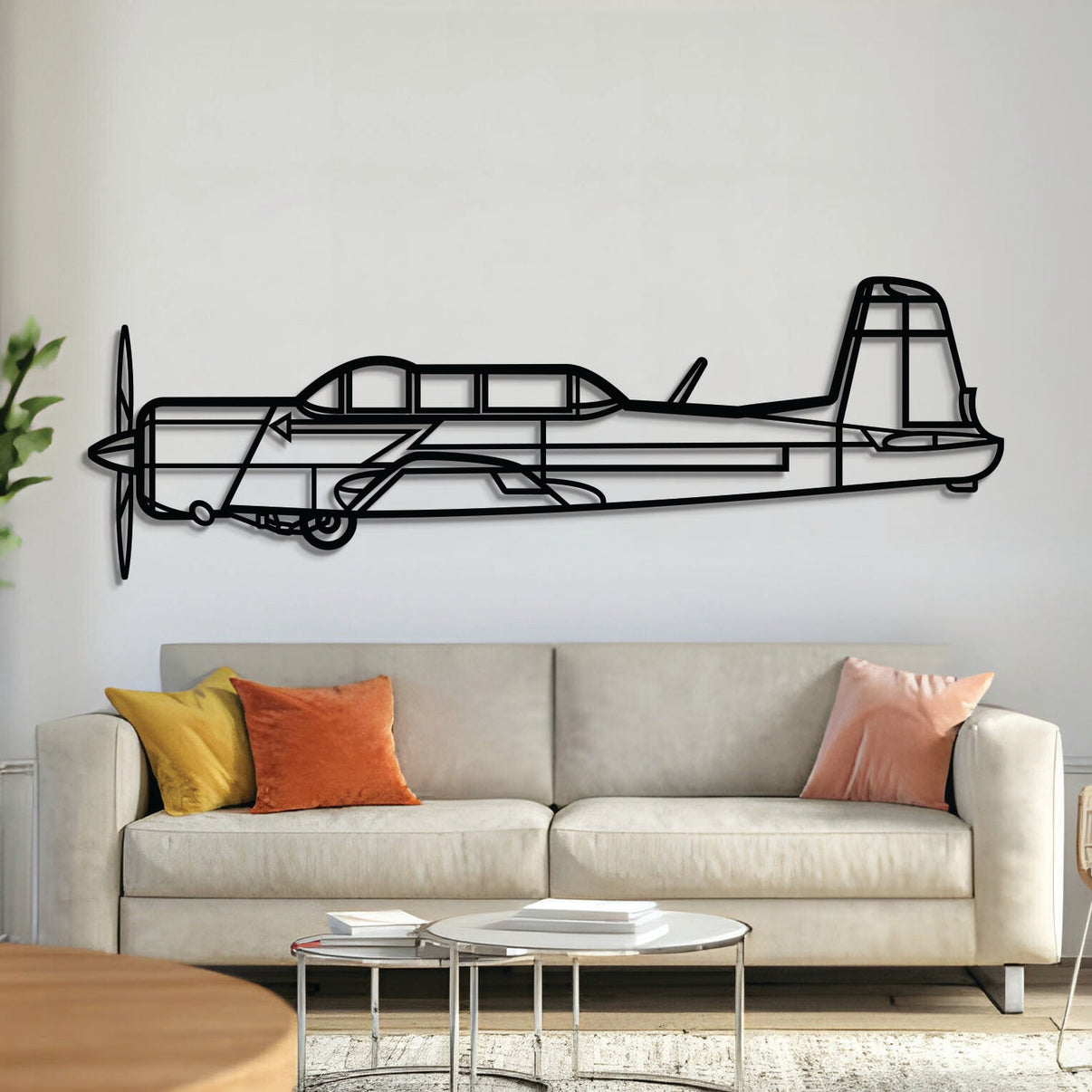 CJ‑6 basic trainer aircraft wall art, laser‑cut 2 mm steel with matte textured finish and 3D elevation