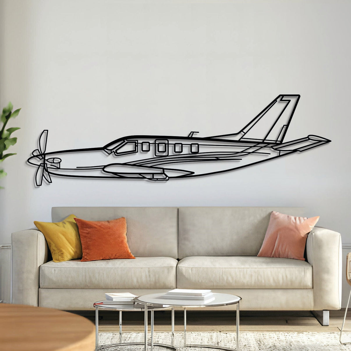 TBM single-engine turboprop aircraft metal wall art – laser-cut matte black steel silhouette with floating 3D effect