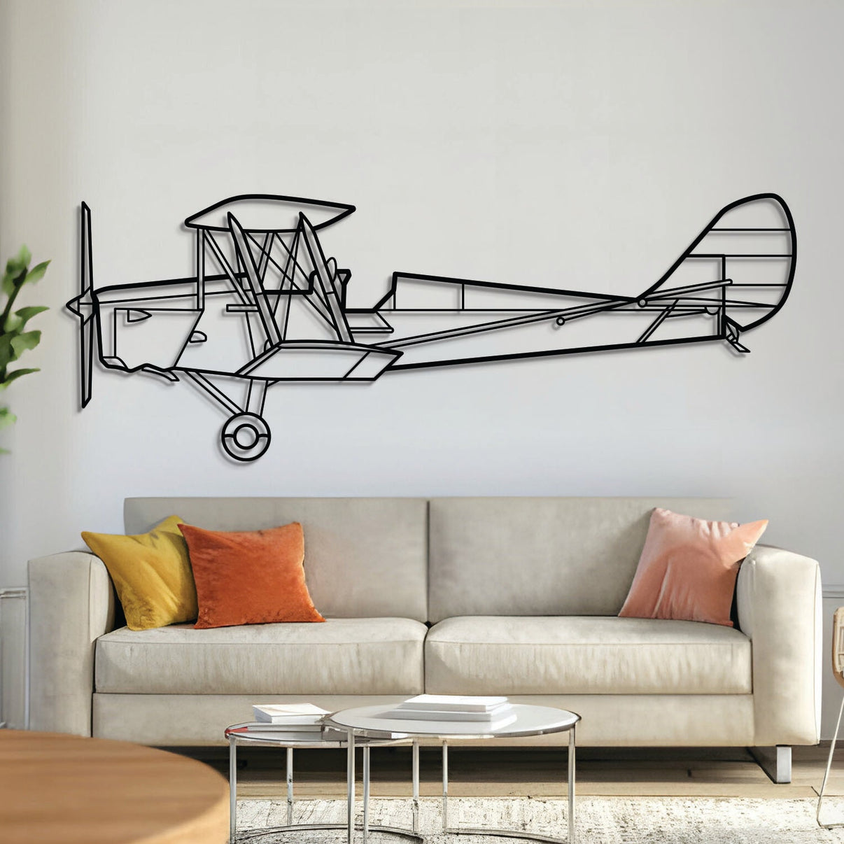 DH‑82 Tiger Moth metal aircraft wall art, laser-cut 2 mm steel with matte powder coat and floating 3D effect