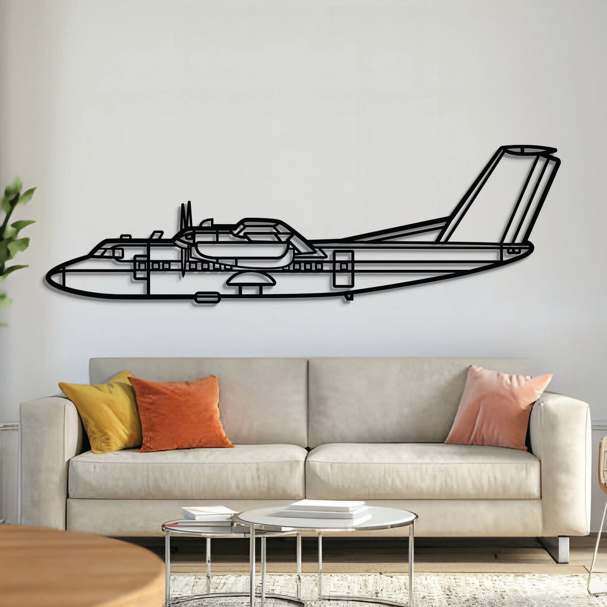 DHC-7 Beaver glider silhouette wall art, laser-cut 2 mm steel with matte textured finish and 3D elevation