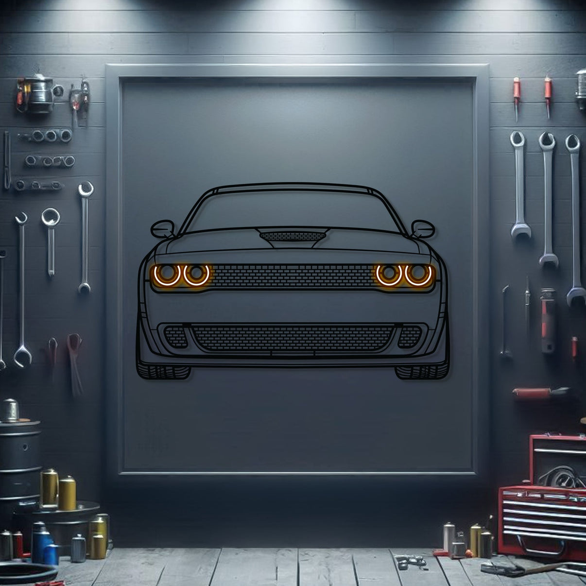 Dodge Challenger front neon metal wall art – textured, dyed powder-coated steel ideal for garage or man cave