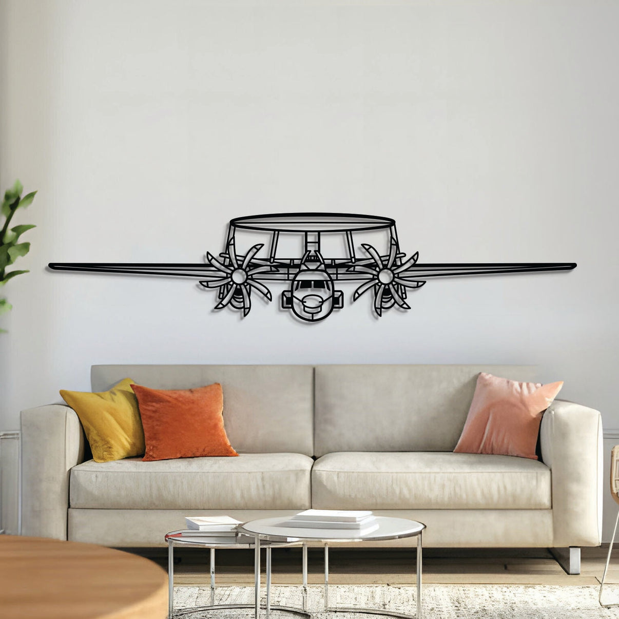 E‑2 Hawkeye front metal aircraft wall art in 2 mm laser‑cut steel with matte textured powder‑coated finish and elevation screws lifting it 1 cm off the wall for a 3D floating effect