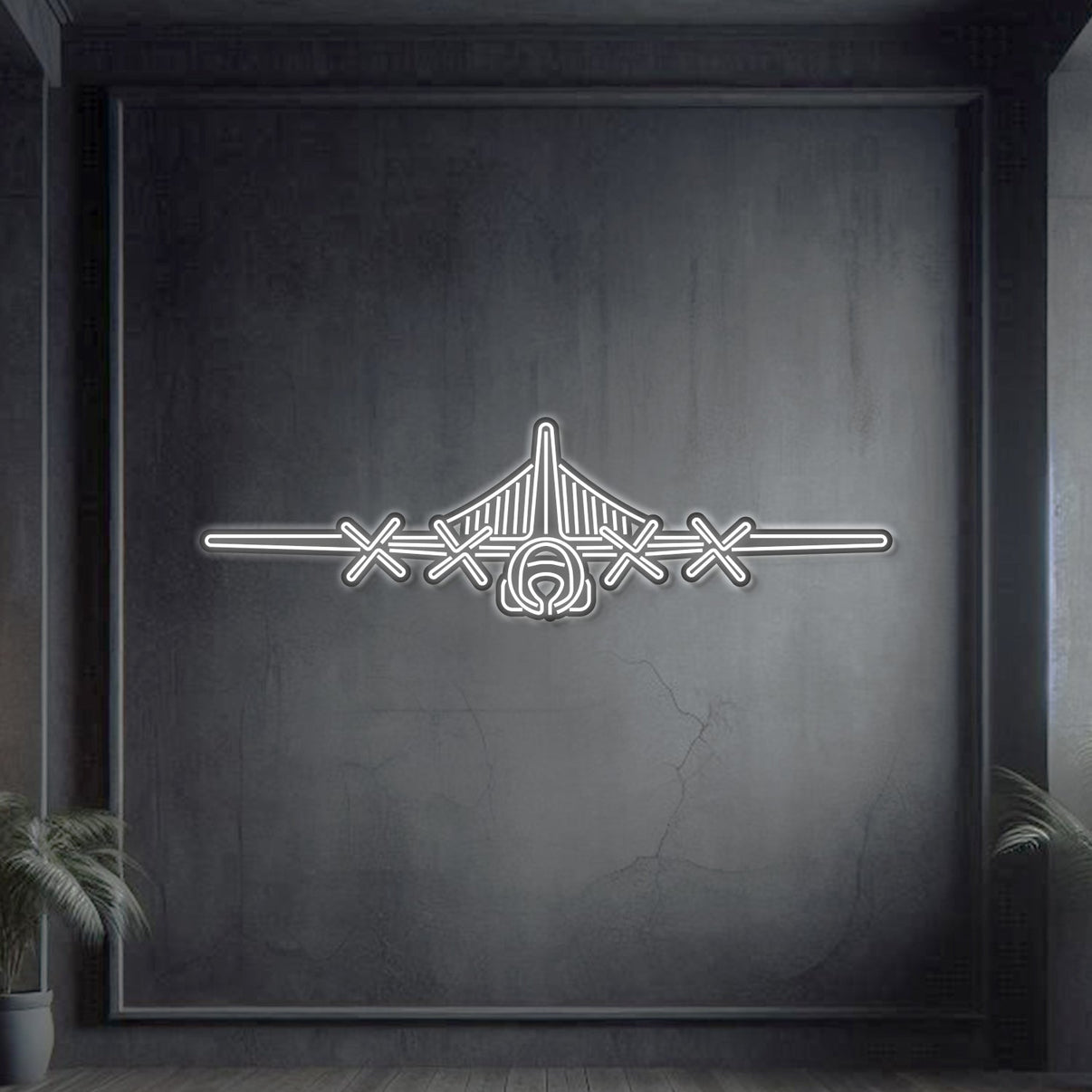 EC‑130H Compass Call front-view neon metal wall art, laser-cut steel silhouette with bold glowing outline and striking 3D depth