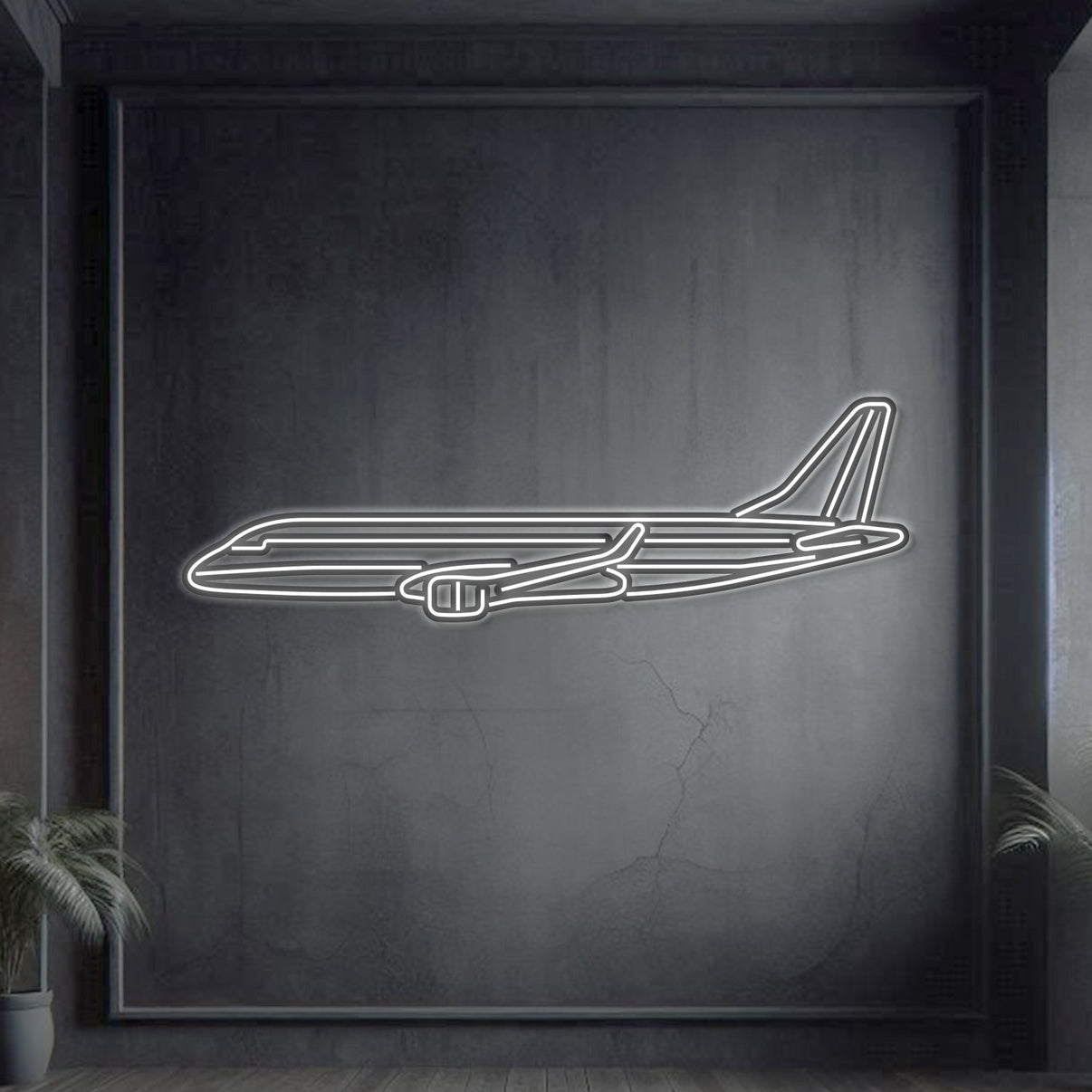 Embraer E‑175 regional jet neon silhouette wall art, laser‑cut steel with glowing neon outline and sleek 3D elevation