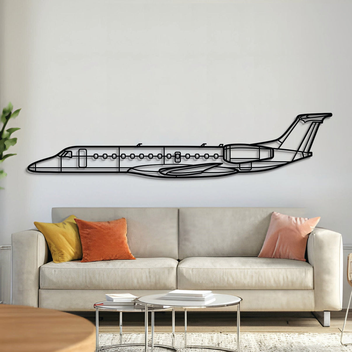 Embraer ERJ-135 regional jet wall art, laser-cut textured steel with matte finish