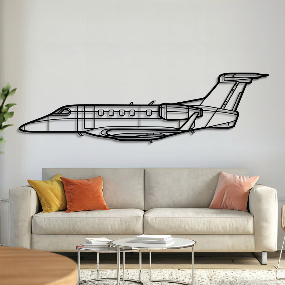 Embraer Phenom 300 business jet metal wall art – laser-cut matte black steel silhouette with floating 3D effect