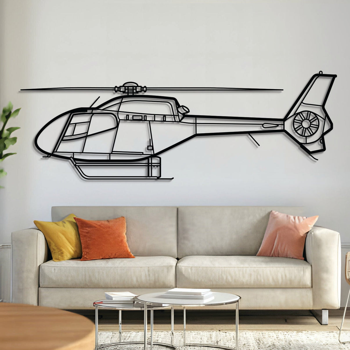 EC120T2 helicopter metal wall art – laser-cut steel silhouette with matte textured finish and 3D floating effect