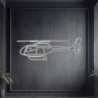 Eurocopter EC120 Colibri neon silhouette wall art, laser‑cut steel with glowing neon outline and sculptural 3D elevation