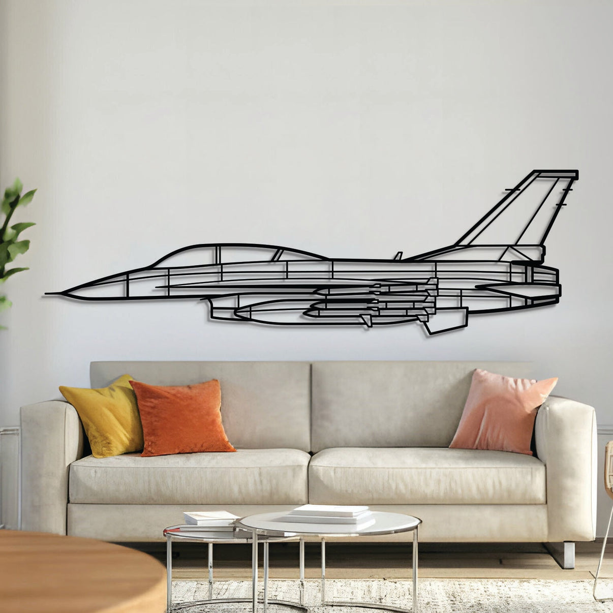 F‑16D metal aircraft wall art, laser‑cut 2 mm steel with matte powder coat and floating 3D effect