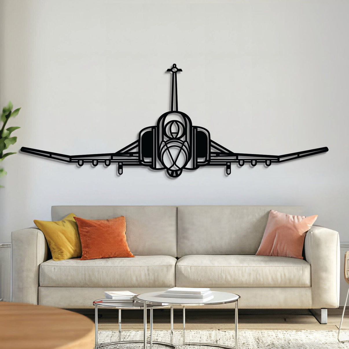 F‑4 Phantom front-view metal aircraft wall art, laser-cut 2 mm steel with matte textured finish and 3D elevation