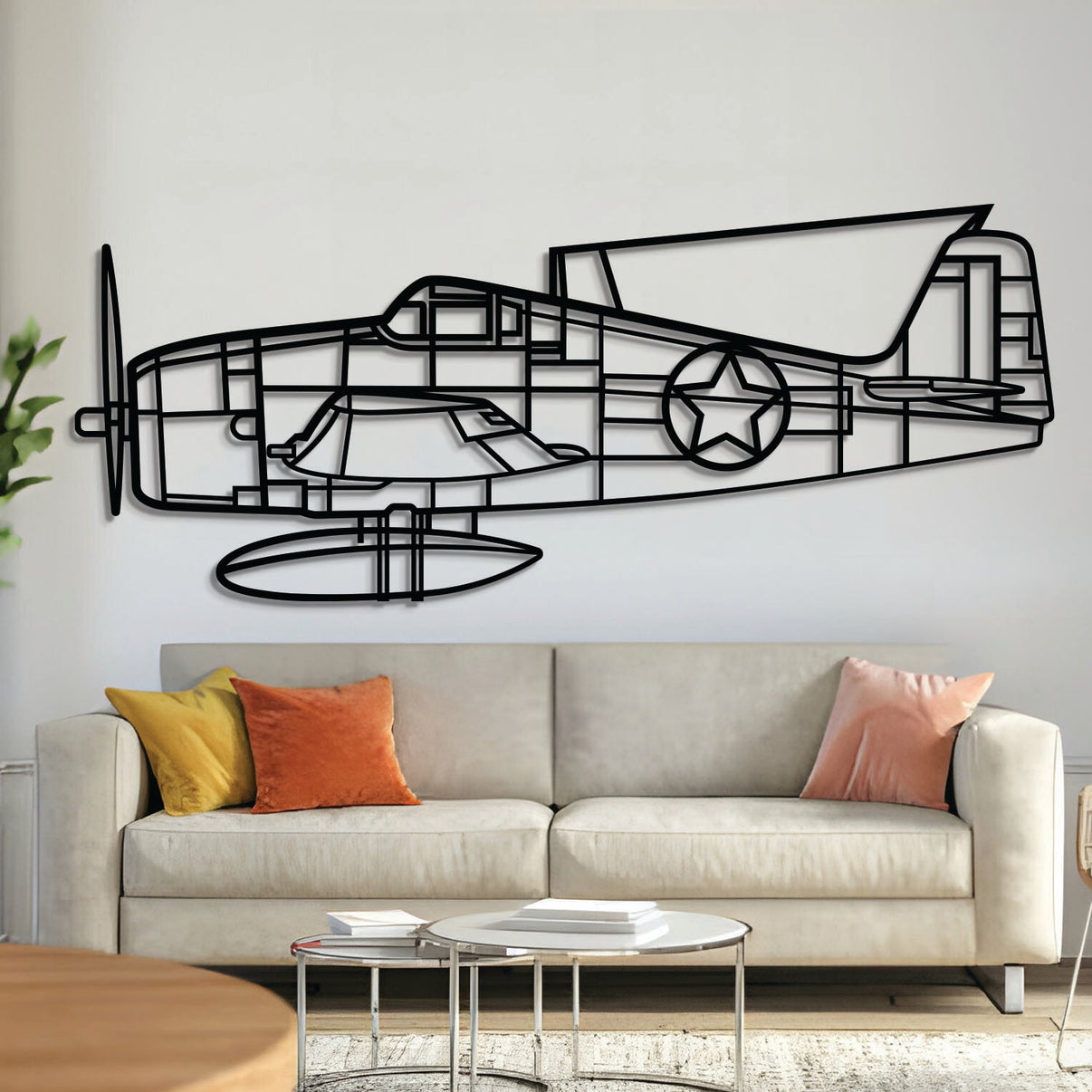 F‑6F‑3 Hellcat metal aircraft wall art, laser‑cut 2 mm steel with matte textured finish and 3D elevation
