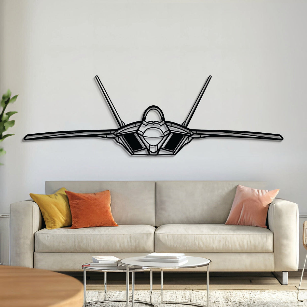 F‑22 Raptor front view metal aircraft wall art – laser‑cut 2 mm steel silhouette with matte textured finish and floating 3D effect