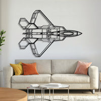 F‑22 Raptor top view metal aircraft wall art – laser-cut 2 mm steel silhouette with matte textured finish and floating 3D effect