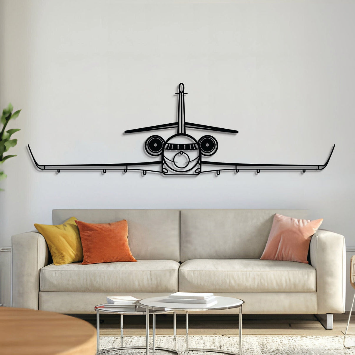 Falcon 2000LXS front metal aircraft wall art in 2 mm laser‑cut steel with matte powder‑coated textured finish and 1 cm elevation screws for a sleek floating 3D effect