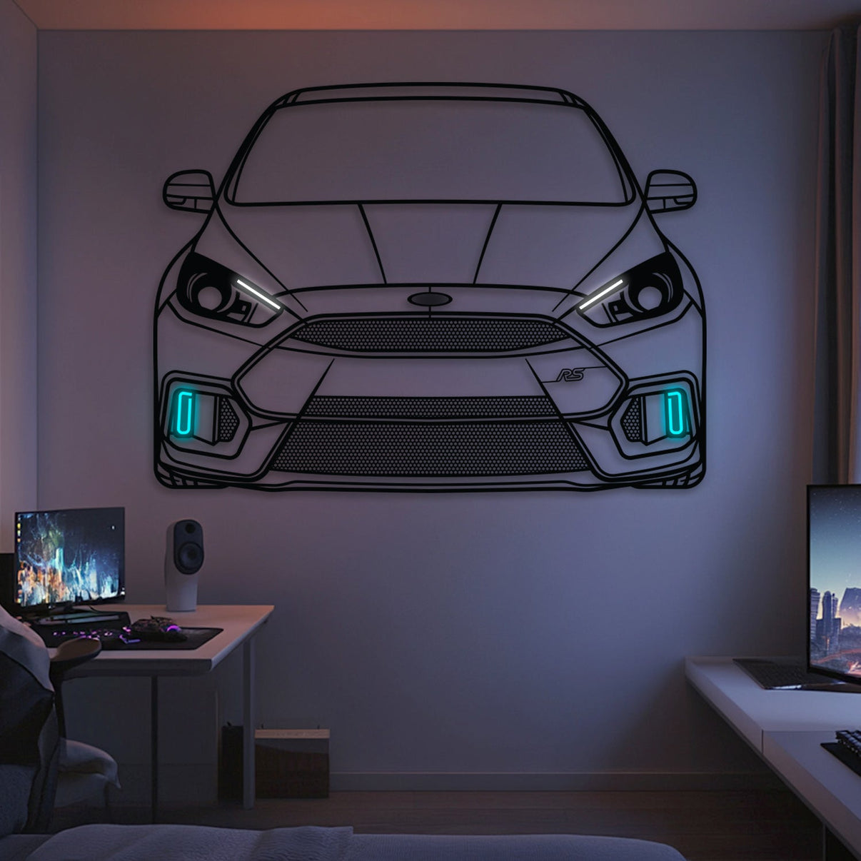 2016 Focus RS front view neon-lit metal wall art