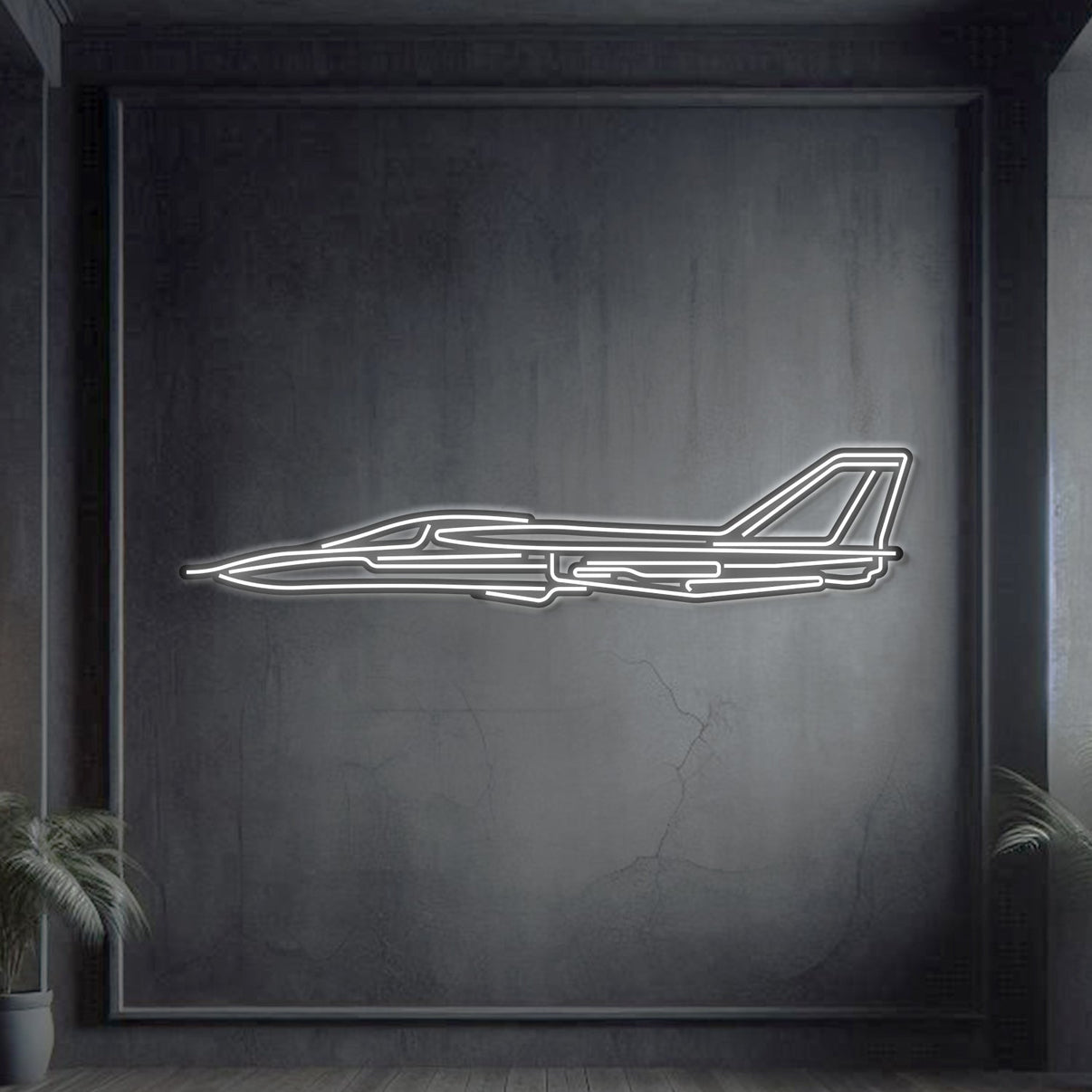 F‑111 Aardvark swing‑wing fighter-bomber neon silhouette wall art, laser‑cut steel with glowing neon outline and bold 3D elevation