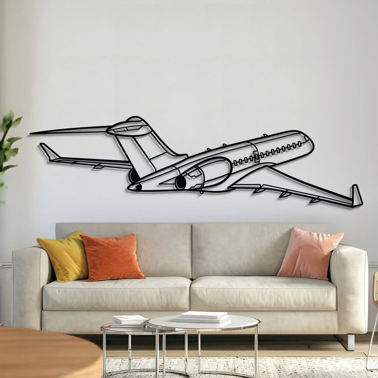 Global 6000 back-angle metal aircraft wall art in 2 mm laser‑cut steel with matte powder‑coated textured finish and 1 cm elevation screws for an elegant 3D floating effect