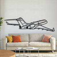 Global 6000 back-angle metal aircraft wall art in 2 mm laser‑cut steel with matte powder‑coated textured finish and 1 cm elevation screws for an elegant 3D floating effect
