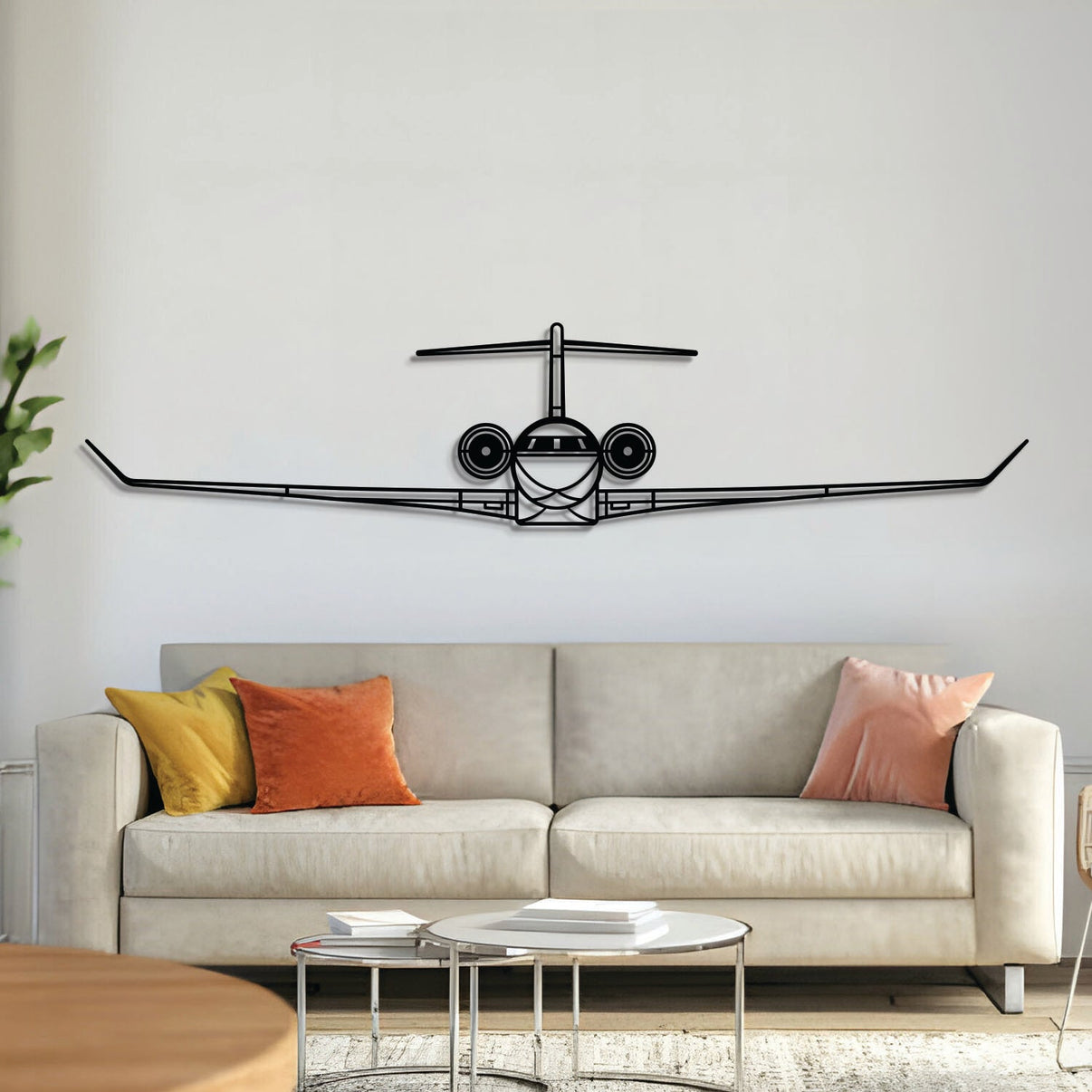Global 7500 Front metal aircraft wall art in 2 mm laser‑cut steel with matte powder‑coated textured finish and 3D elevation screws