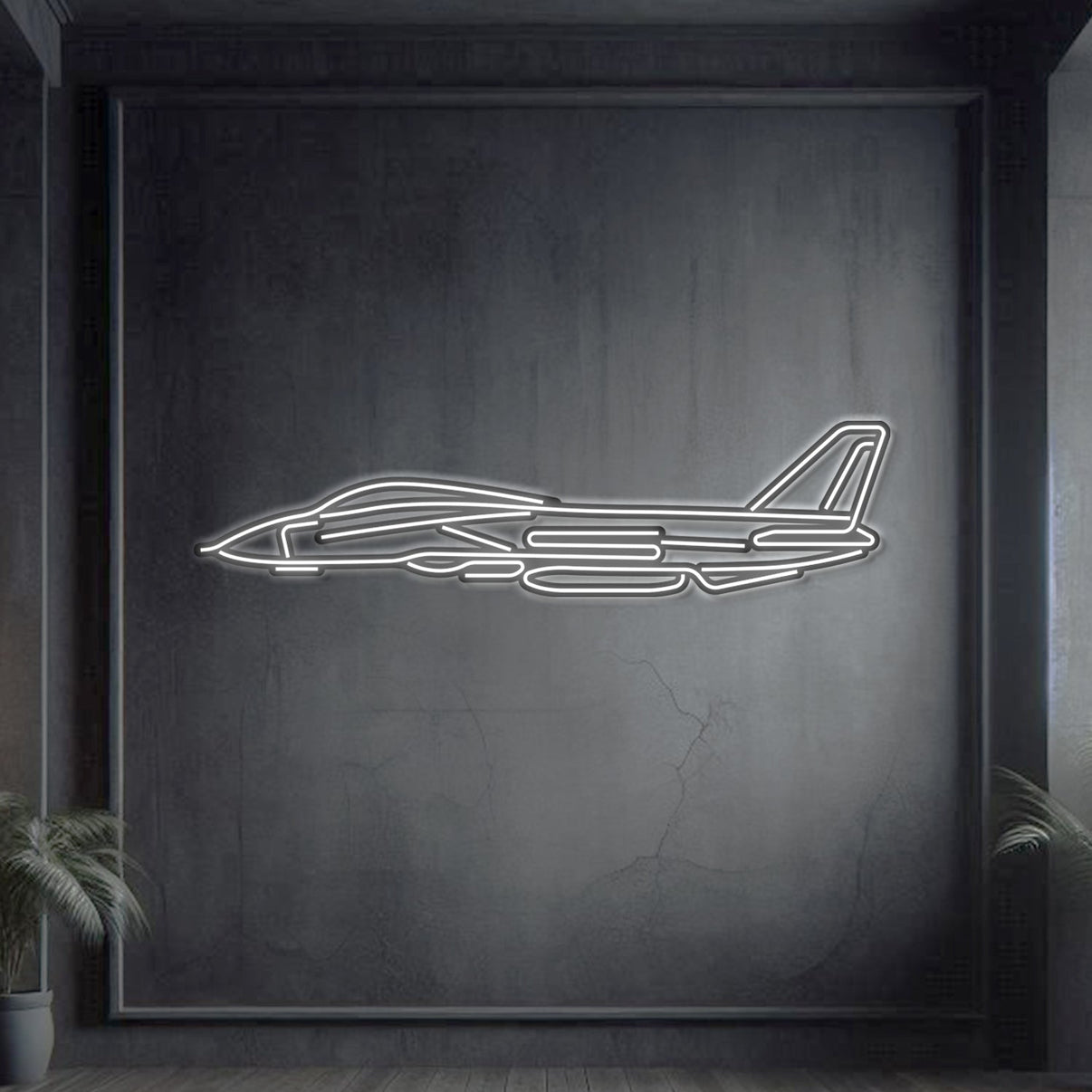 F-14 Tomcat neon silhouette wall art in laser-cut steel, iconic swing-wing fighter profile with glowing accents