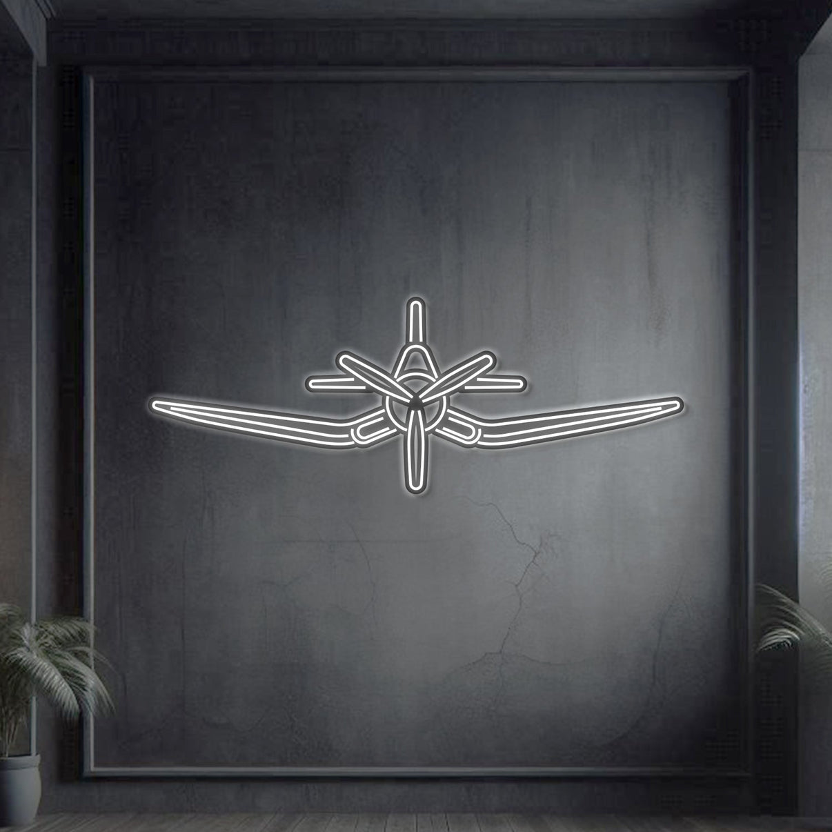 F‑4U Corsair front neon silhouette wall art, laser‑cut steel with glowing neon outline and dramatic 3D elevation