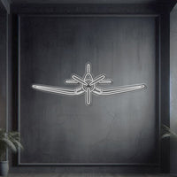 F‑4U Corsair front neon silhouette wall art, laser‑cut steel with glowing neon outline and dramatic 3D elevation