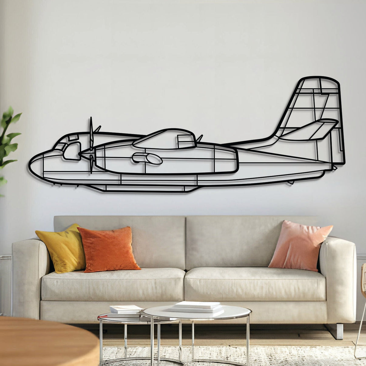 Grumman S‑2 Tracker turboprop anti‑submarine warfare aircraft silhouette metal wall art – laser‑cut 2 mm steel, textured matte powder‑coat, ready to hang