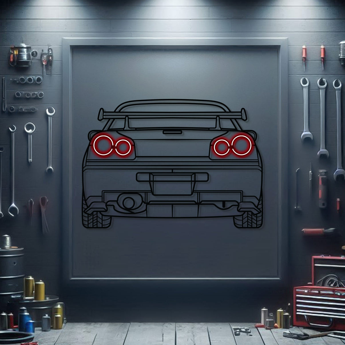 Nissan Skyline GT‑R R34 rear view metal neon wall art – laser‑cut steel décor honoring the legendary JDM supercar