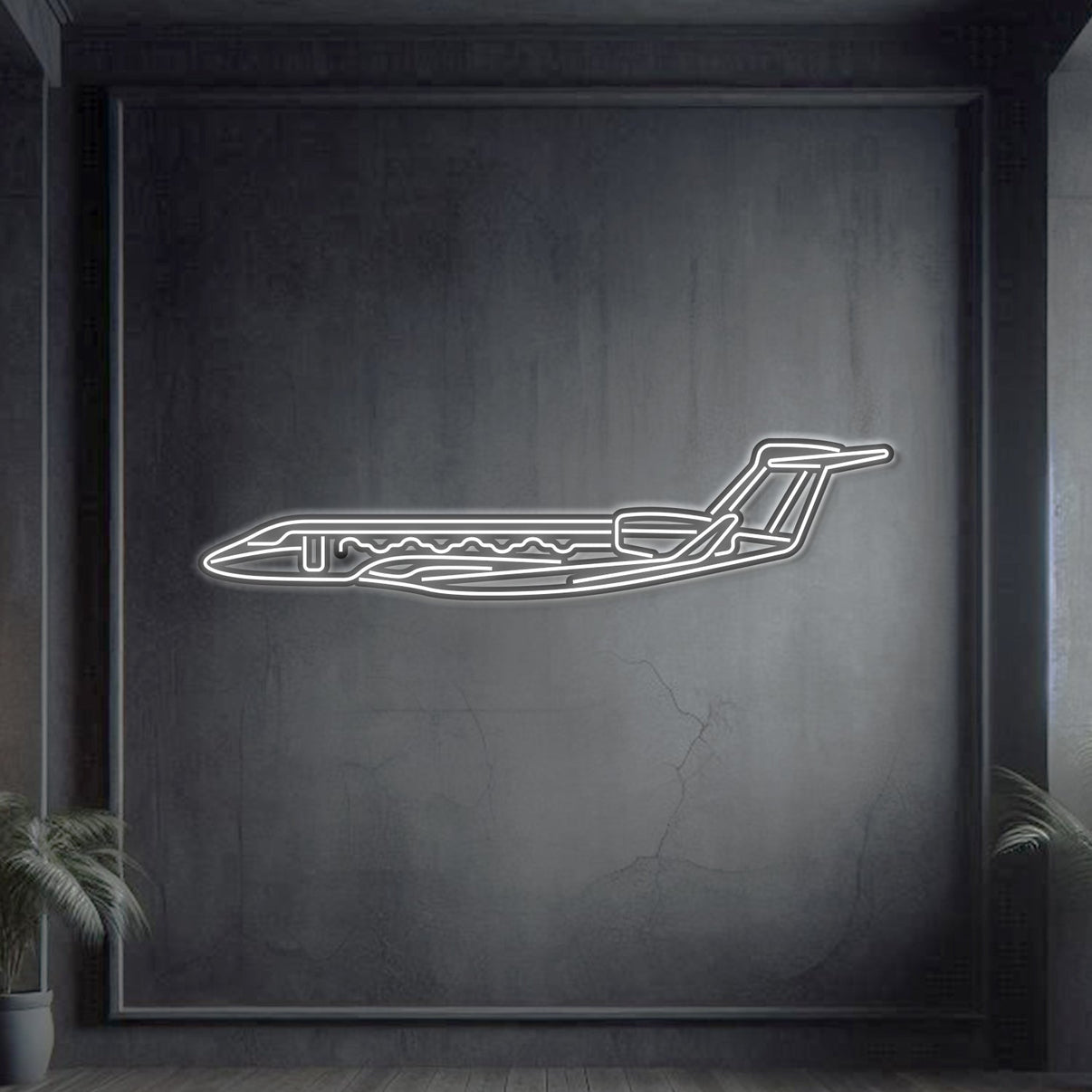 Gulfstream G650 ultra‑long‑range business jet neon silhouette wall art, laser‑cut steel with glowing neon outline and dramatic 3D elevation