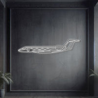 Gulfstream G650 ultra‑long‑range business jet neon silhouette wall art, laser‑cut steel with glowing neon outline and dramatic 3D elevation