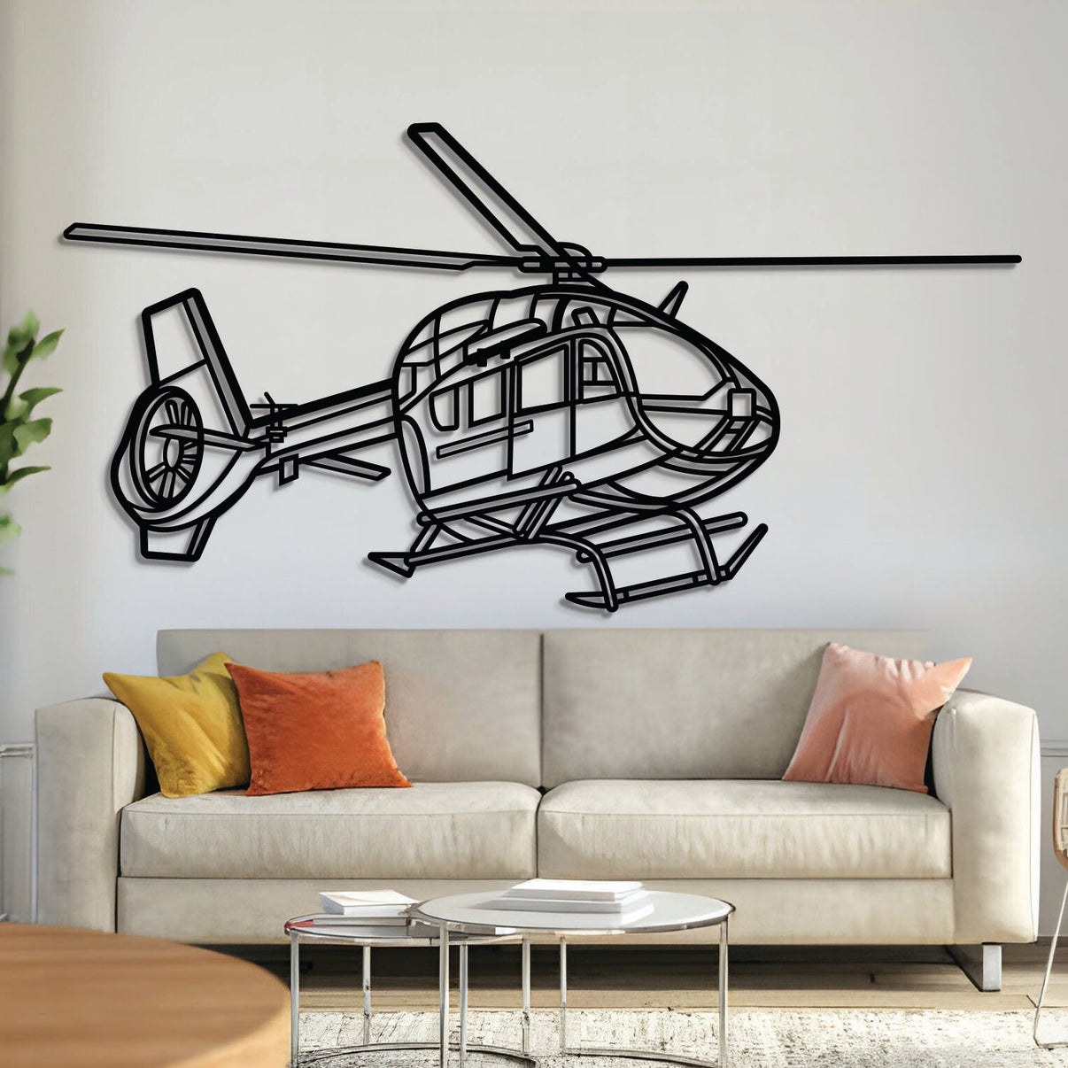 H145M LUH SOF angle-view helicopter wall art, laser-cut 2 mm steel with matte textured finish and 3D elevation