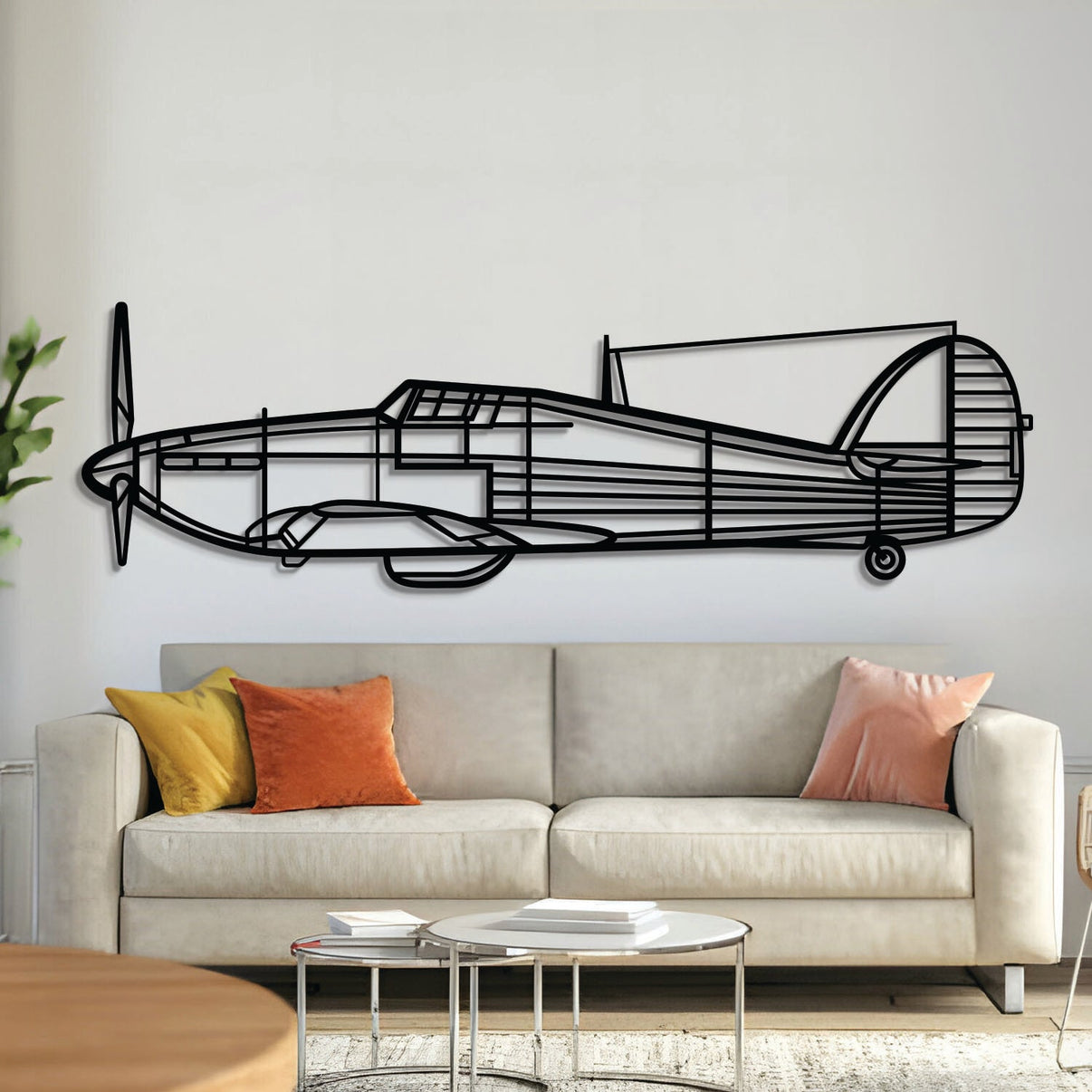 Hurricane Mk I metal aircraft wall art, laser‑cut 2 mm steel with matte textured finish and 3D elevation
