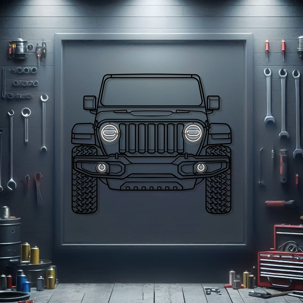 Jeep Wrangler front silhouette neon wall art – ready to hang automotive décor for garage, office, or man cave