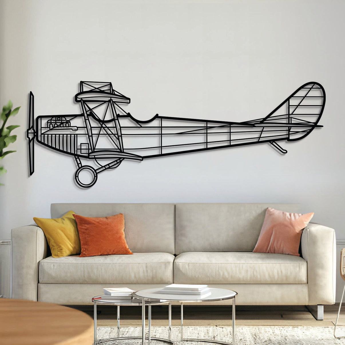 JN-4A metal aircraft wall art in 2 mm laser-cut steel with matte powder-coated textured finish and 3D elevation screws