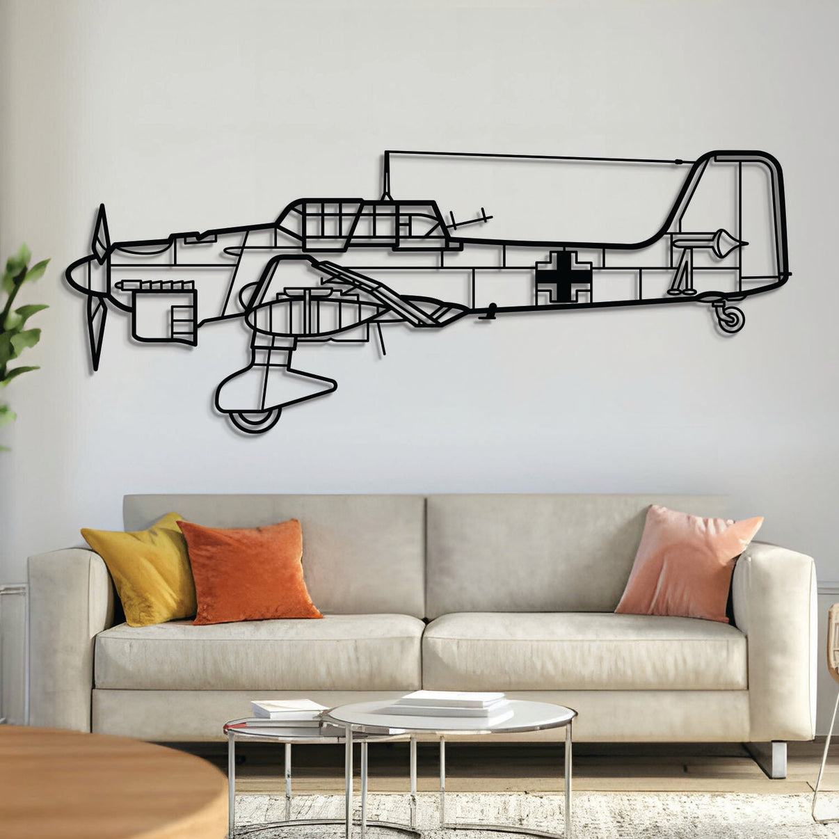 Junkers Ju 87 Stuka dive bomber metal wall art – laser-cut matte black steel silhouette with distinctive inverse gull wings