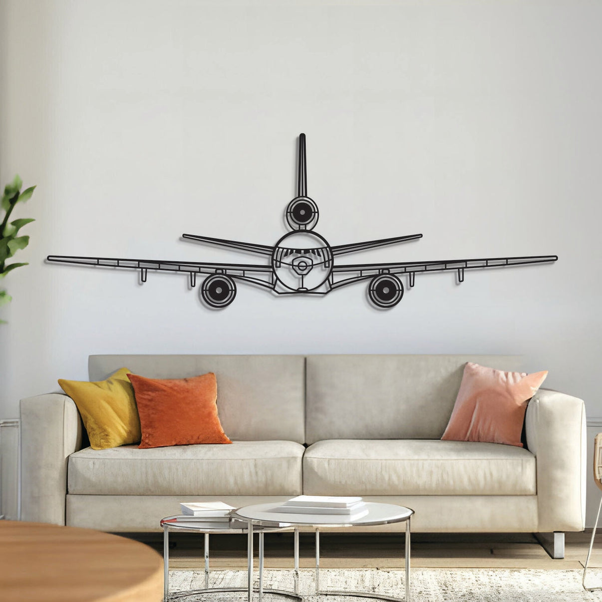 KC‑10 Extender front metal aircraft wall art in 2 mm laser‑cut steel with matte textured finish and elevation spacers lifting it 1 cm off the wall for a bold 3D effect