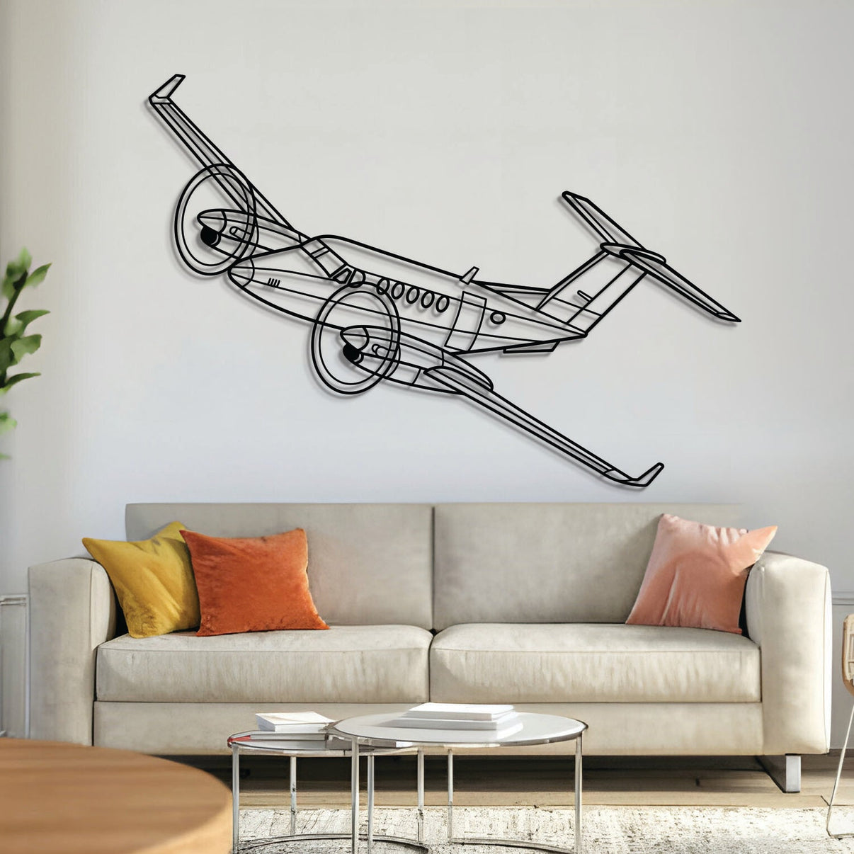 King Air 300 angle metal aircraft wall art in 2 mm laser‑cut steel with matte powder‑coated textured finish and 1 cm elevation screws for a floating 3D effect