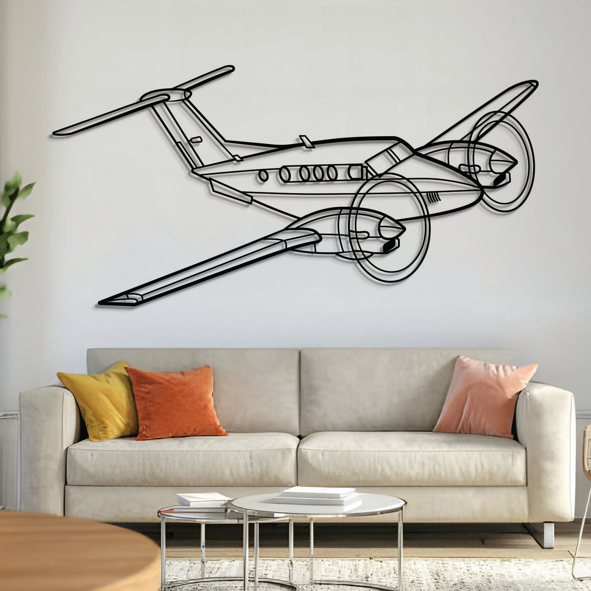 King Air F90 angle metal aircraft wall art in 2 mm laser‑cut steel with matte powder‑coated textured finish and 1 cm elevation screws for a floating 3D effect