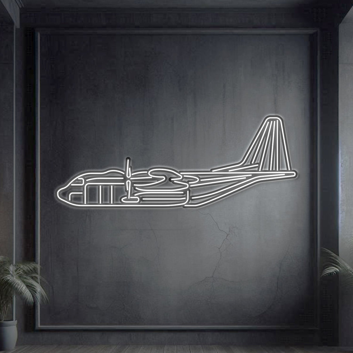 AC-130J Ghostrider neon aircraft wall art, laser-cut 2 mm steel with matte powder coat and floating 3D effect