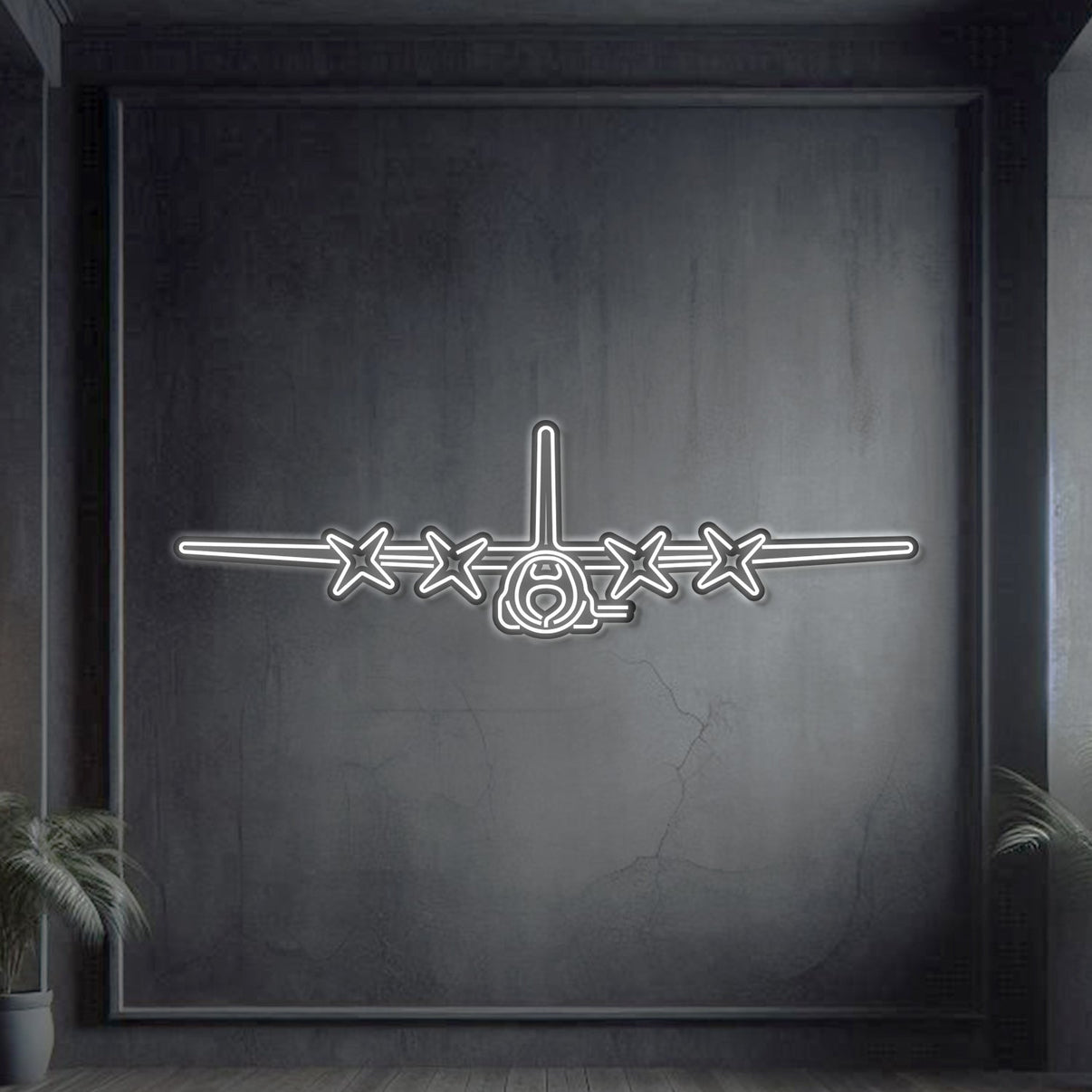 AC-130U front neon aircraft wall art, laser-cut 2 mm steel, matte powder coat, 3D elevated effect