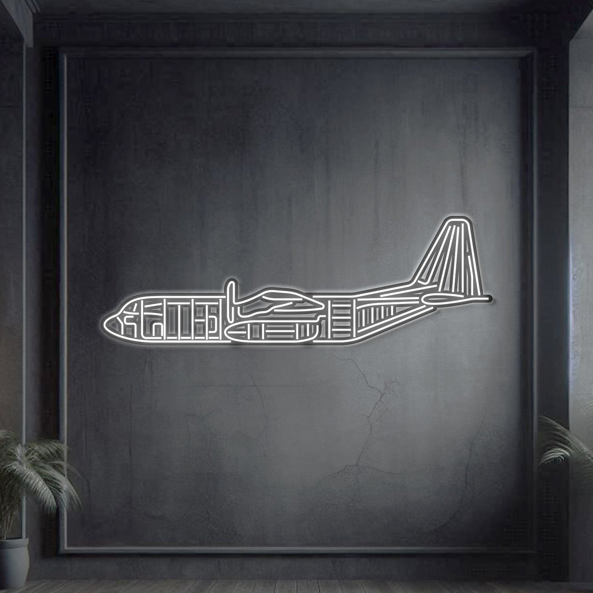C‑130 Hercules side-profile neon aircraft wall art, laser-cut steel silhouette of four turboprop engines and robust fuselage with sculptural 3D depth