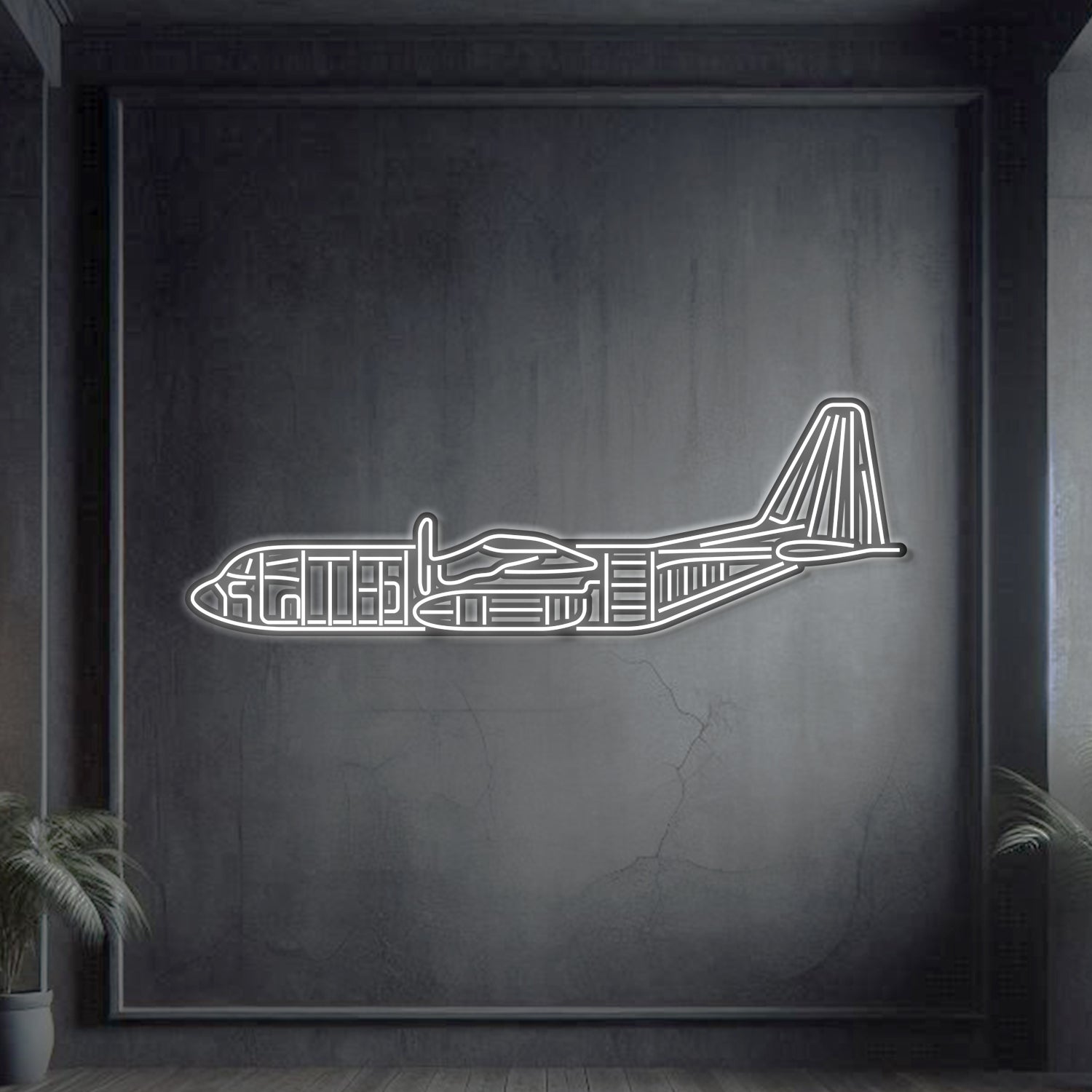 C‑130 Hercules side-profile neon aircraft wall art, laser-cut steel silhouette of four turboprop engines and robust fuselage with sculptural 3D depth