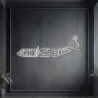 C‑130 Hercules side-profile neon aircraft wall art, laser-cut steel silhouette of four turboprop engines and robust fuselage with sculptural 3D depth