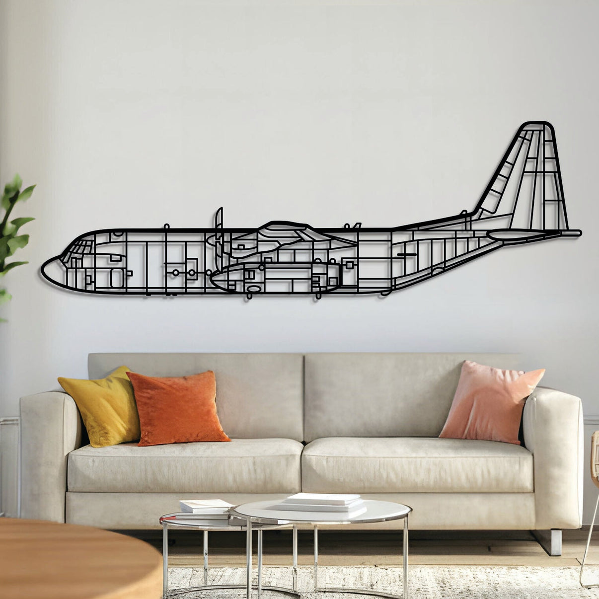 C-130 Hercules military transport silhouette — laser-cut black metal wall art